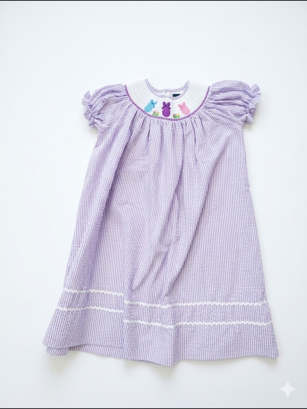 Lilac Seersucker Girls Smocked‎ Dress with Bunny Embroidery Peep Easter Size 5y
